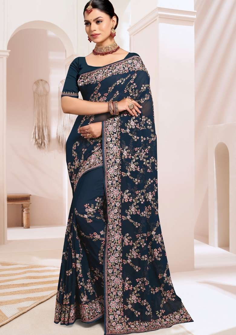 Teal Blue Georgette Saree Set with Embroidered for Diwali | Wedding & Festive Wear - Indya