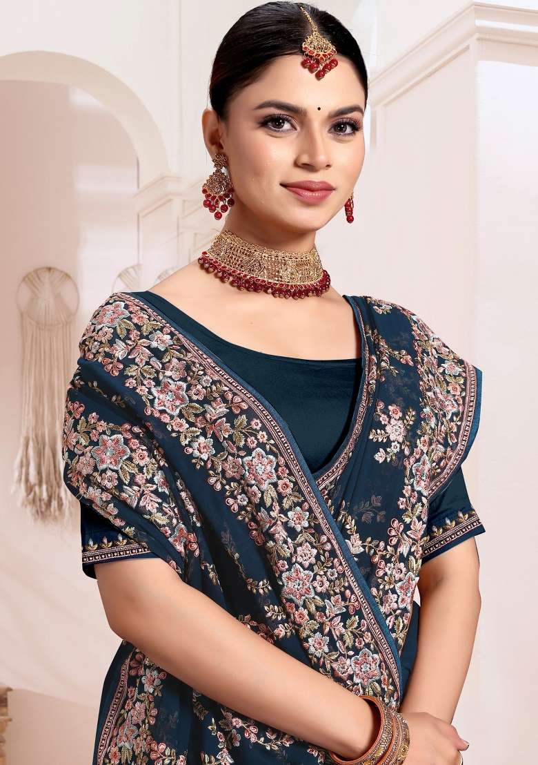 Teal Blue Georgette Saree Set with Embroidered for Diwali | Wedding & Festive Wear - Indya