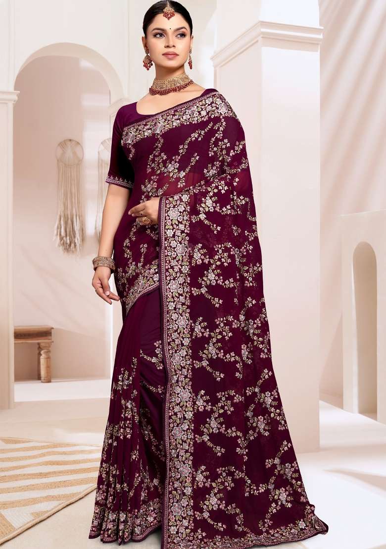 Wine Embroidered Georgette Saree Set for Diwali and Festive Wear - Indya