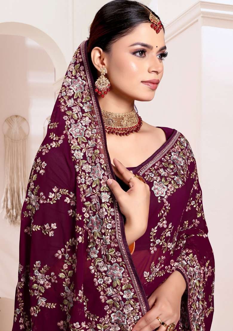Wine Embroidered Georgette Saree Set for Diwali and Festive Wear - Indya