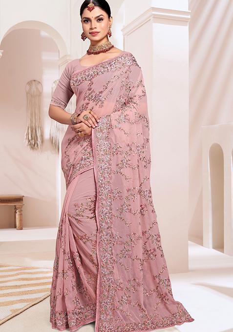 Pink Embroidered Georgette Saree Set