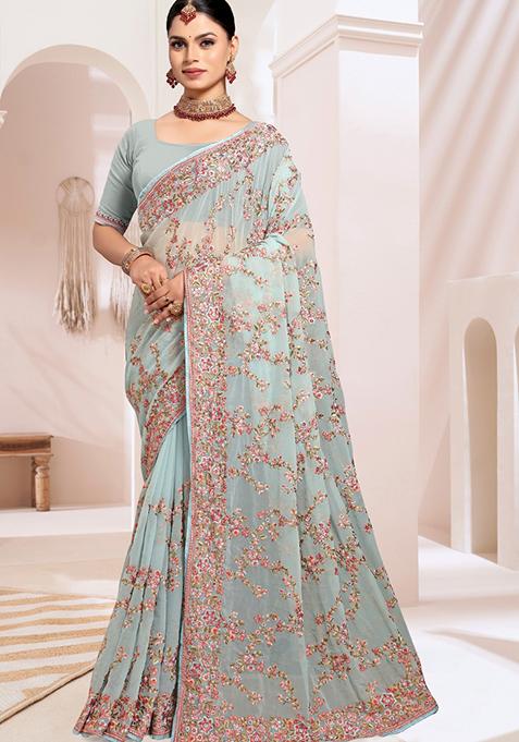 Sea Green Embroidered Georgette Saree Set