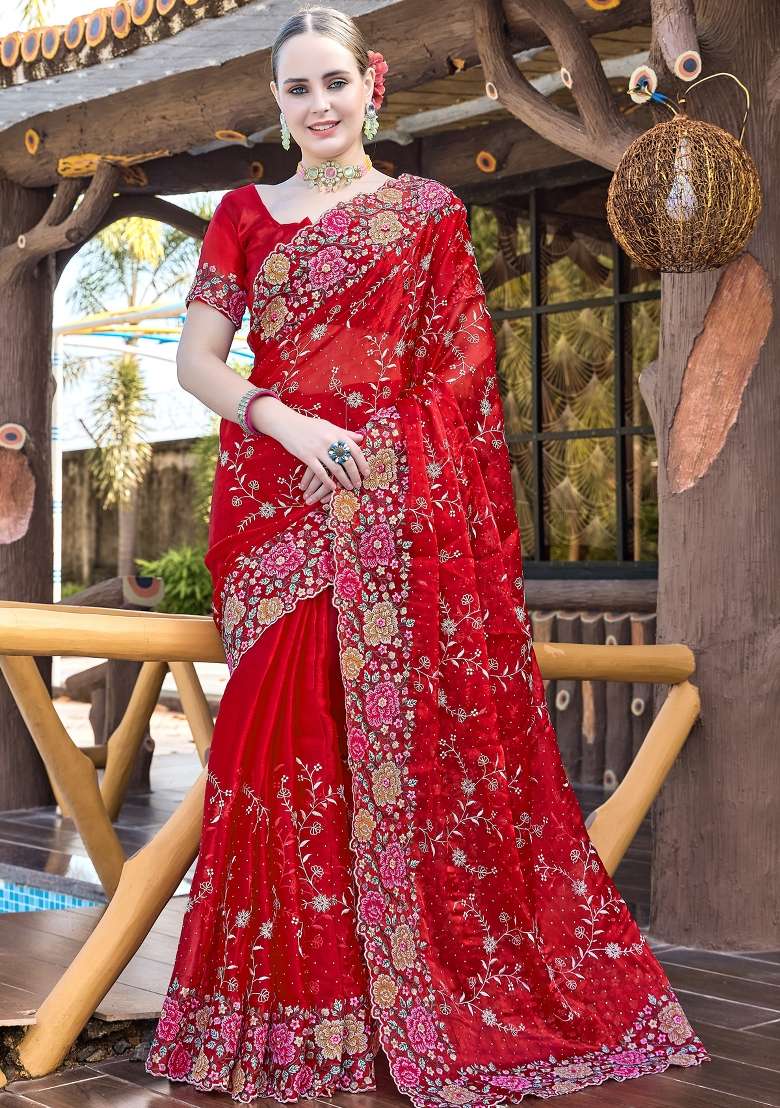 Red Work Silk Blend Saree Set with Sequin for Diwali | Wedding & Festive Wear - Indya