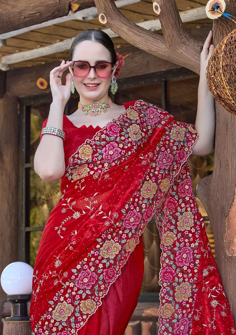 Red Work Silk Blend Saree Set with Sequin for Diwali | Wedding & Festive Wear - Indya