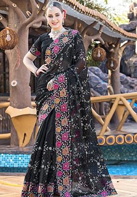 Black Sequin Work Silk Saree Set