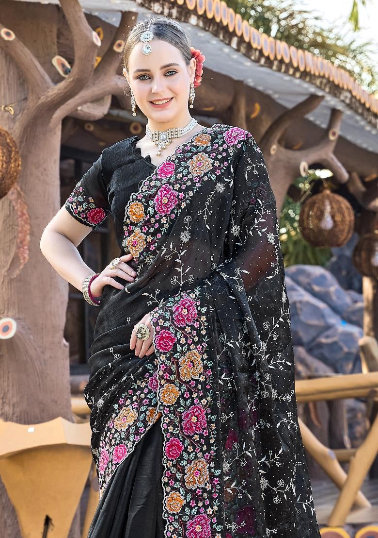 Black Sequin Work Silk Saree Set - Indya