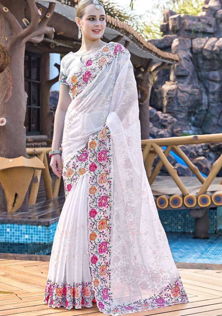 White Work Silk Blend Saree Set with Sequin for Diwali | Wedding & Festive Wear - Indya