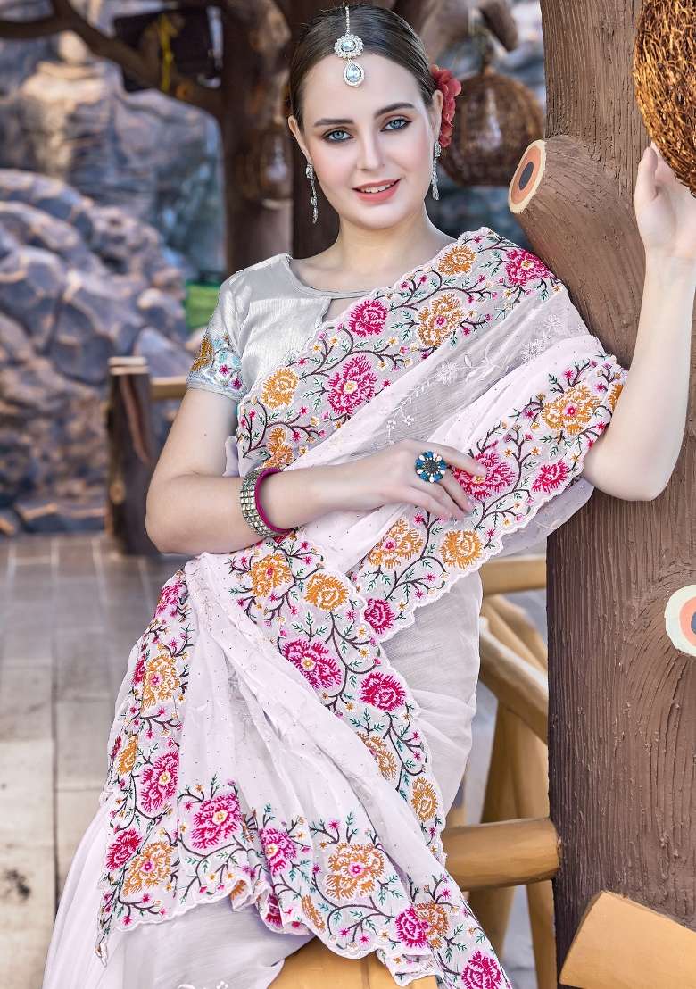 White Work Silk Blend Saree Set with Sequin for Diwali | Wedding & Festive Wear - Indya