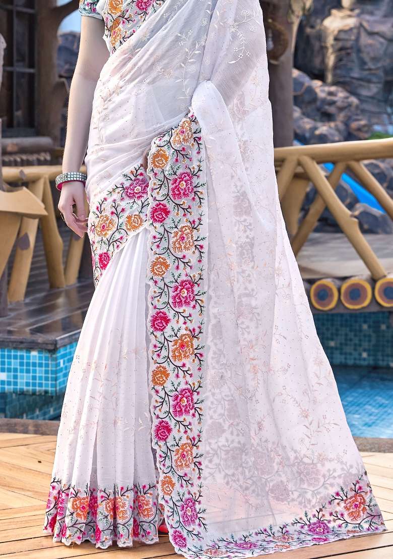 White Work Silk Blend Saree Set with Sequin for Diwali | Wedding & Festive Wear - Indya