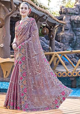 Lavender Sequin Work Silk Saree Set