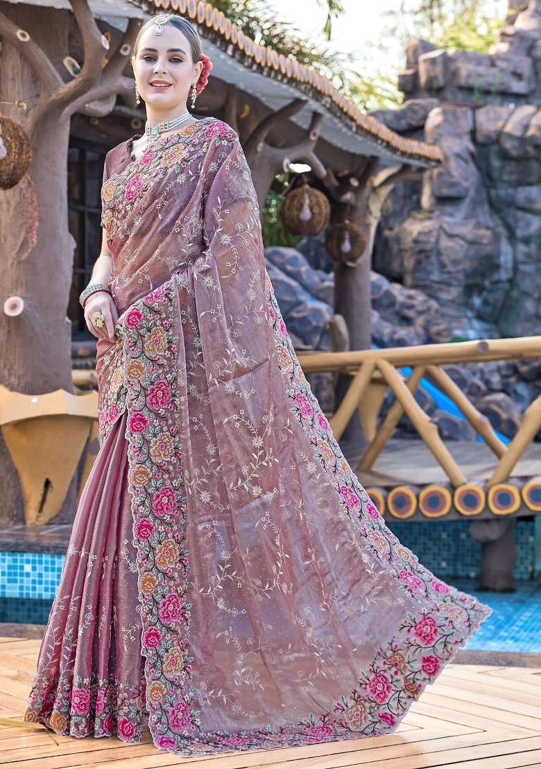 Lavender Work Silk Blend Saree Set with Sequin for Diwali | Wedding & Festive Wear - Indya