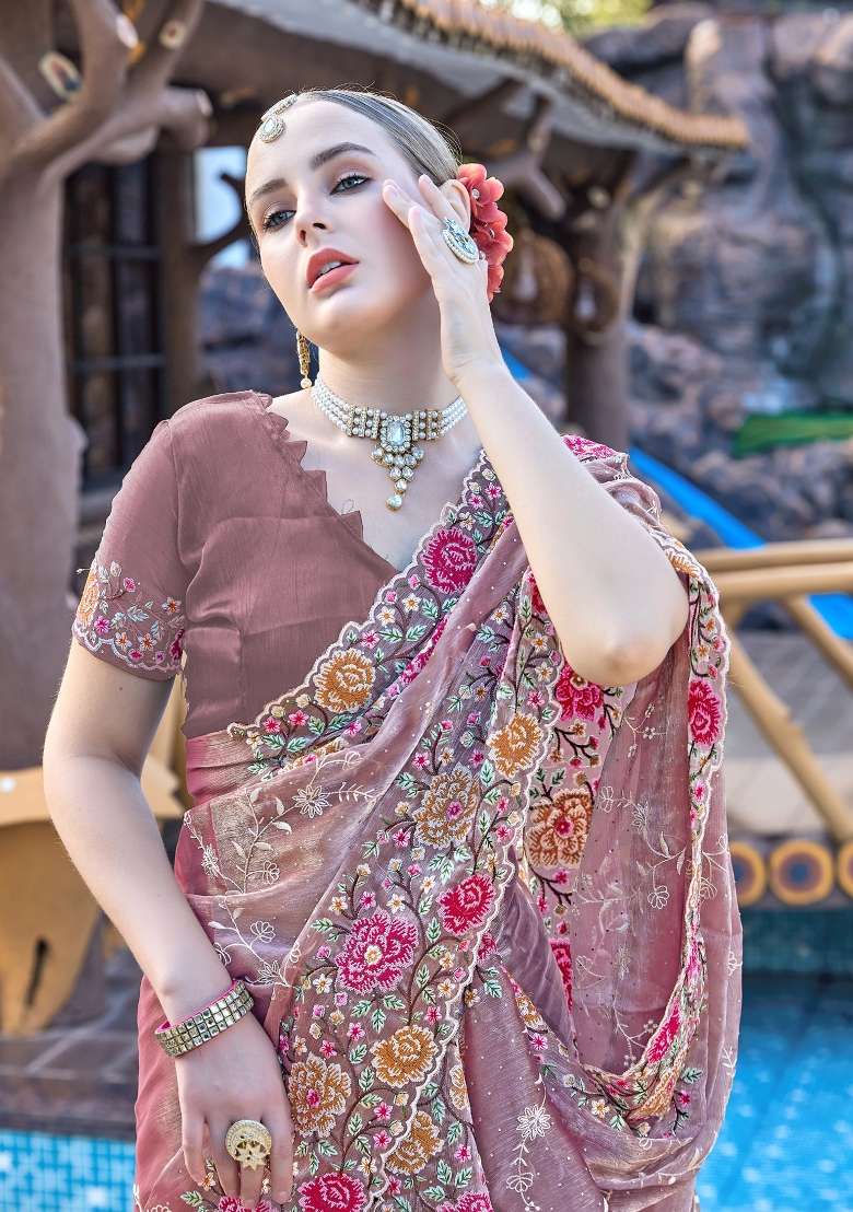 Lavender Work Silk Blend Saree Set with Sequin for Diwali | Wedding & Festive Wear - Indya