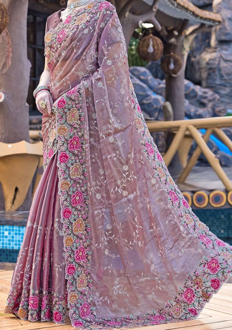 Lavender Work Silk Blend Saree Set with Sequin for Diwali | Wedding & Festive Wear - Indya