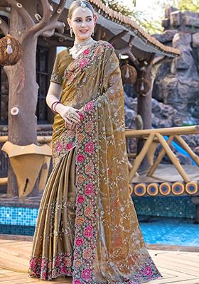 Brown Sequin Work Silk Saree Set