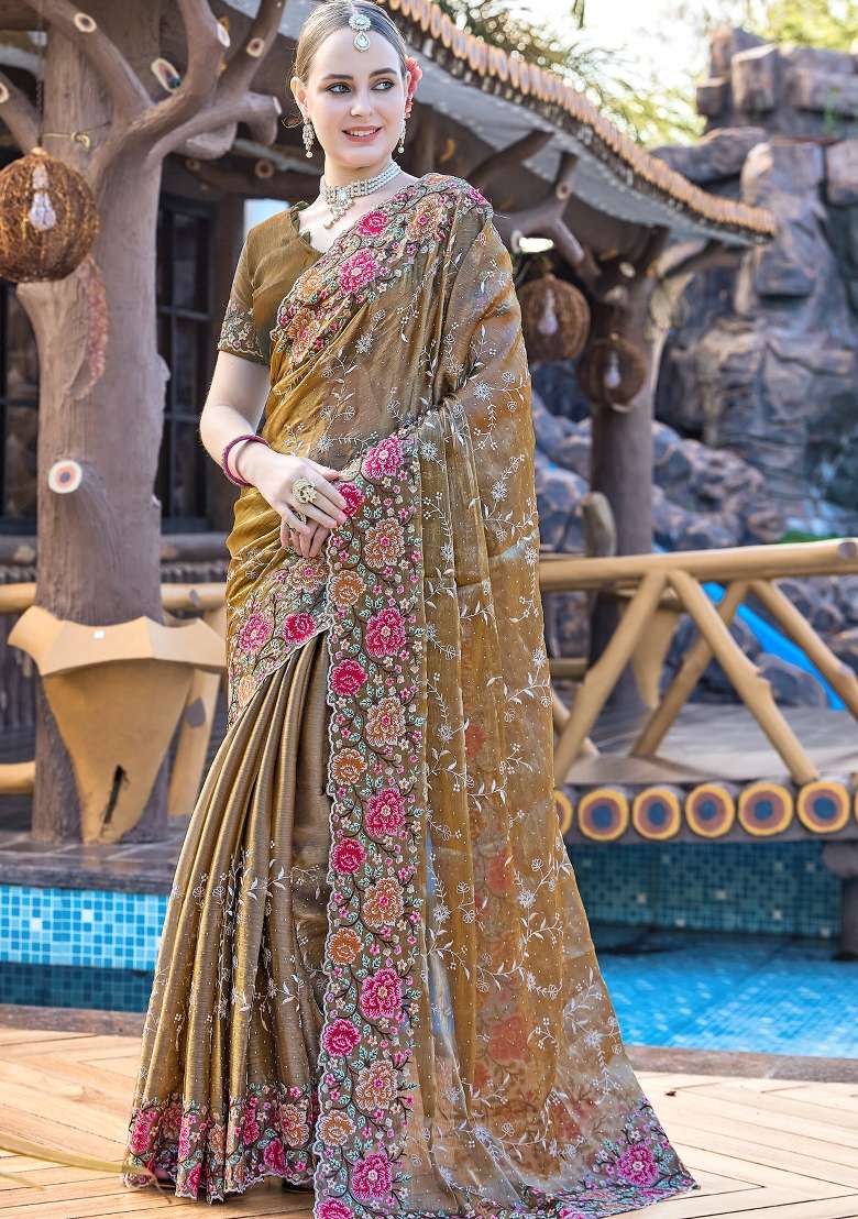 Brown Work Silk Blend Saree Set with Sequin for Diwali | Wedding & Festive Wear - Indya