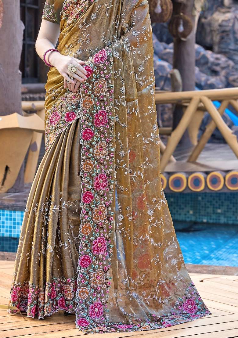 Brown Work Silk Blend Saree Set with Sequin for Diwali | Wedding & Festive Wear - Indya