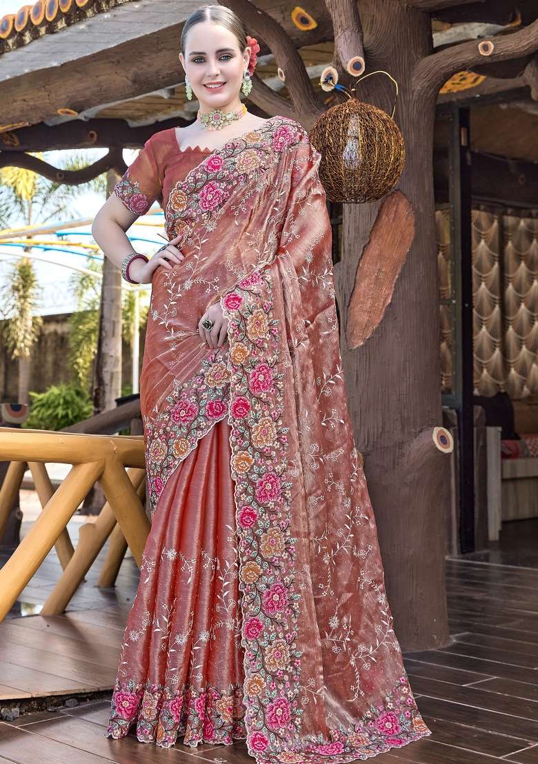 Peach Work Silk Blend Saree Set with Sequin for Diwali | Wedding & Festive Wear - Indya