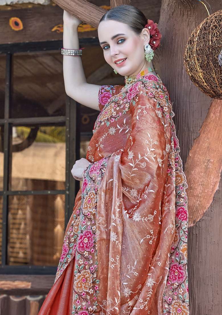 Peach Work Silk Blend Saree Set with Sequin for Diwali | Wedding & Festive Wear - Indya