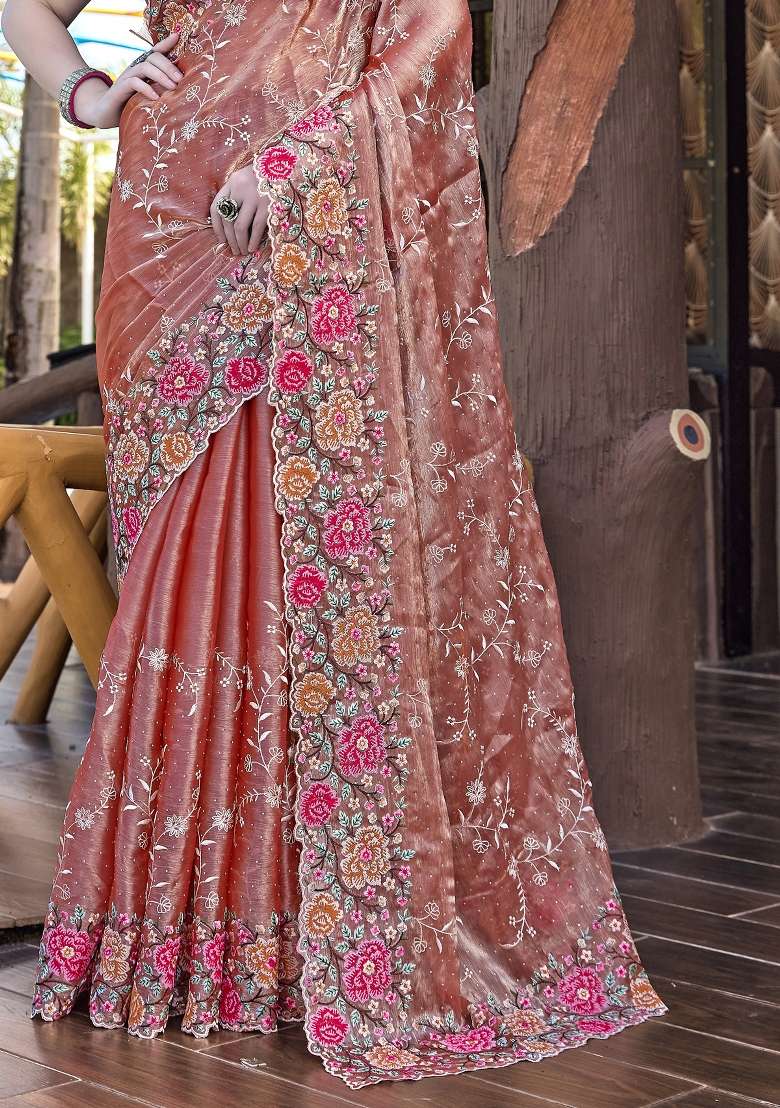 Peach Work Silk Blend Saree Set with Sequin for Diwali | Wedding & Festive Wear - Indya
