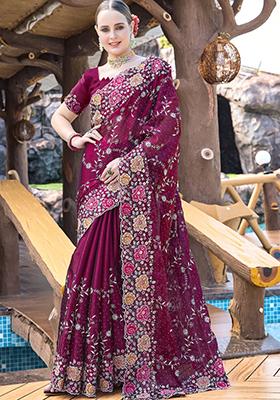 Wine Sequin Work Silk Saree Set
