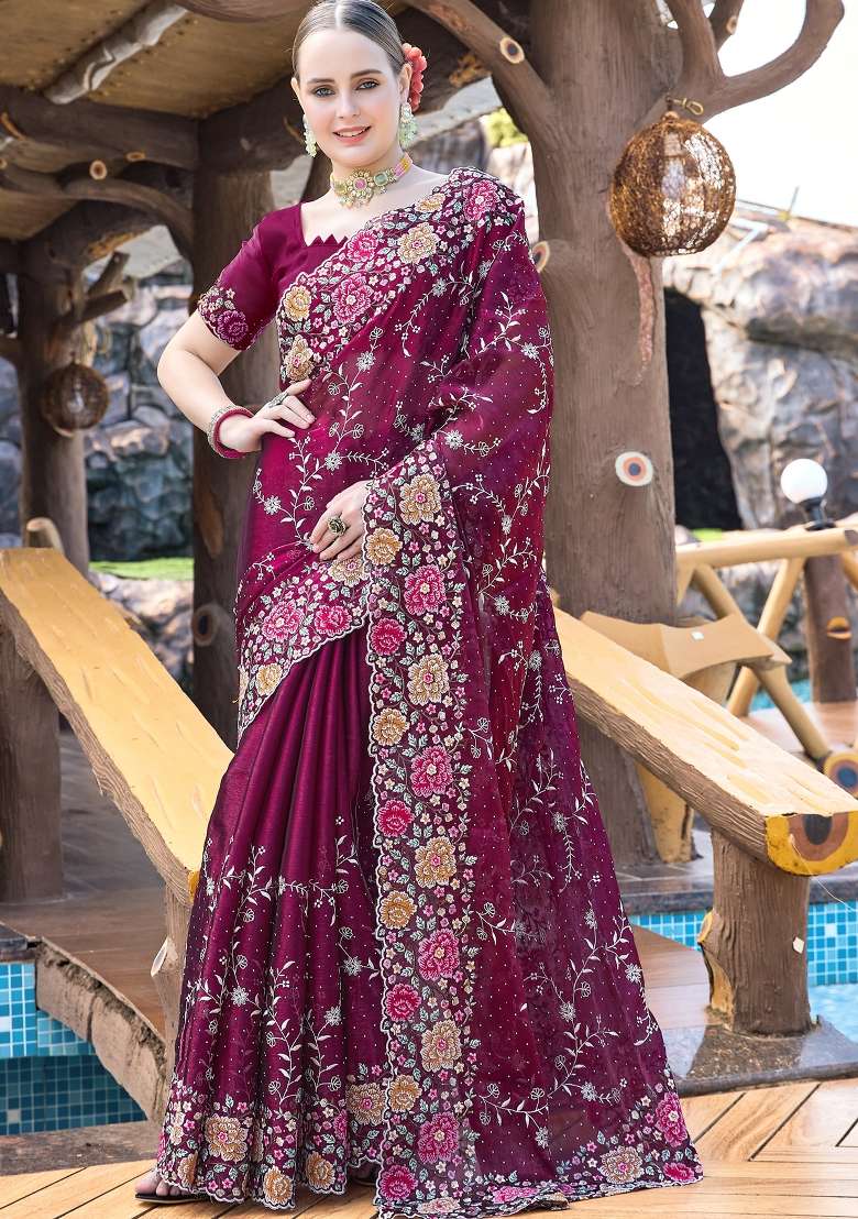 Wine Work Silk Blend Saree Set with Sequin for Diwali | Wedding & Festive Wear - Indya