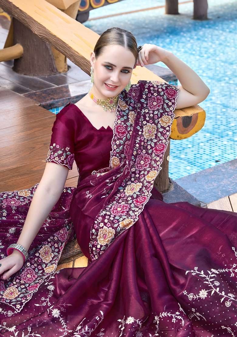 Wine Work Silk Blend Saree Set with Sequin for Diwali | Wedding & Festive Wear - Indya