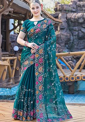 Teal Blue Sequin Work Silk Saree Set