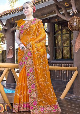 Mustard Yellow Sequin Work Silk Saree Set