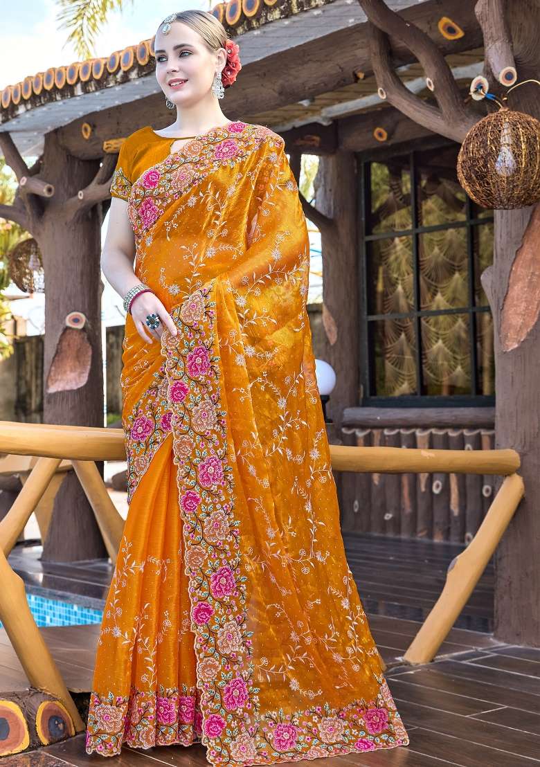 Mustard Yellow Work Silk Blend Saree Set with Sequin for Diwali | Wedding & Festive Wear - Indya