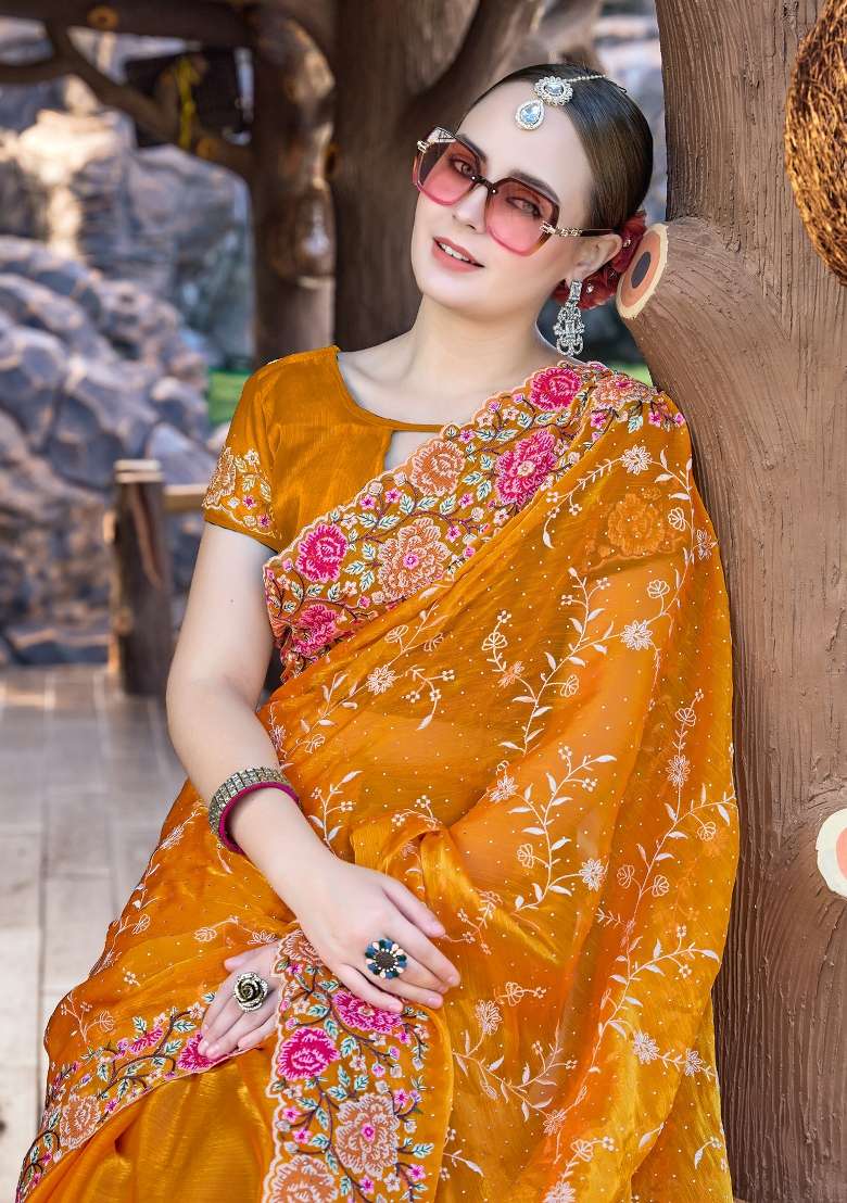 Mustard Yellow Work Silk Blend Saree Set with Sequin for Diwali | Wedding & Festive Wear - Indya