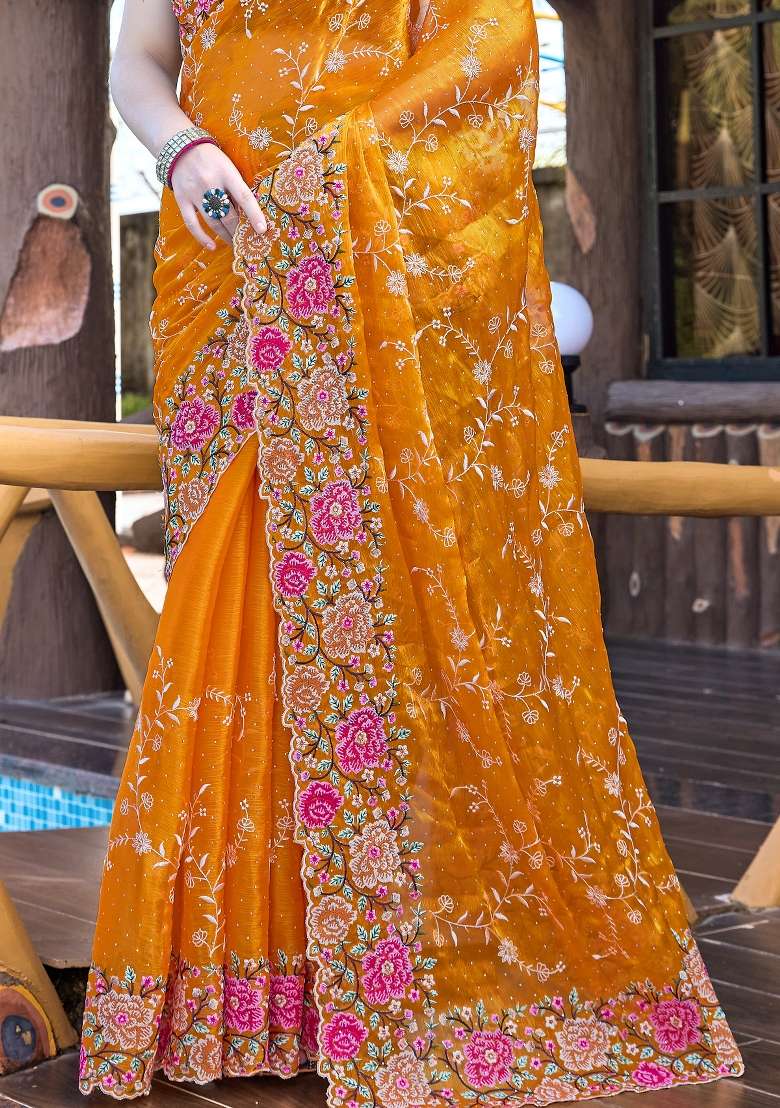 Mustard Yellow Work Silk Blend Saree Set with Sequin for Diwali | Wedding & Festive Wear - Indya