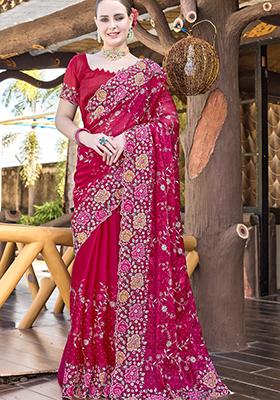 Magenta Sequin Work Silk Saree Set