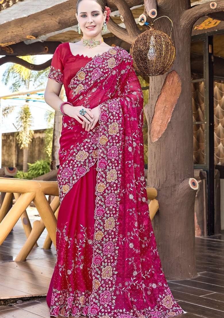 Magenta Sequin Work Silk Blend Saree Set for Diwali and Festive Wear - Indya