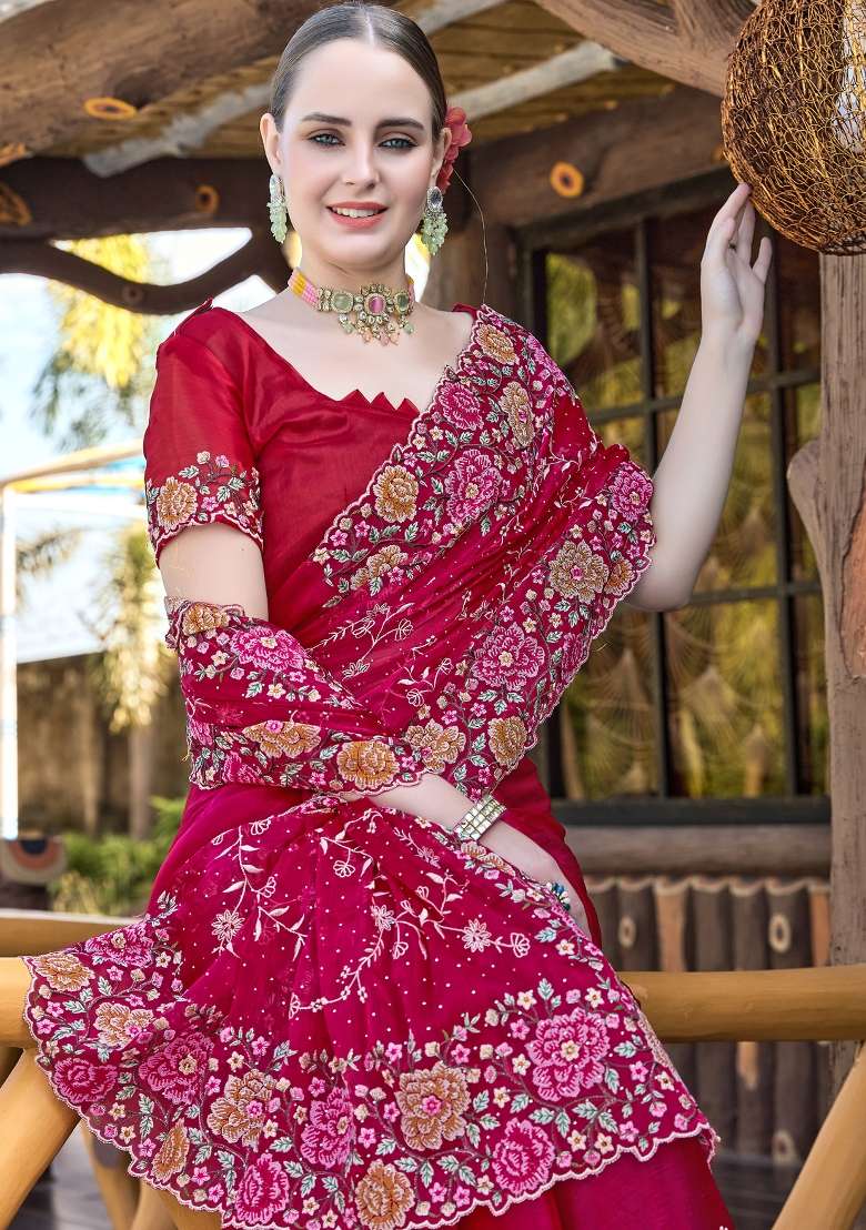 Magenta Sequin Work Silk Blend Saree Set for Diwali and Festive Wear - Indya