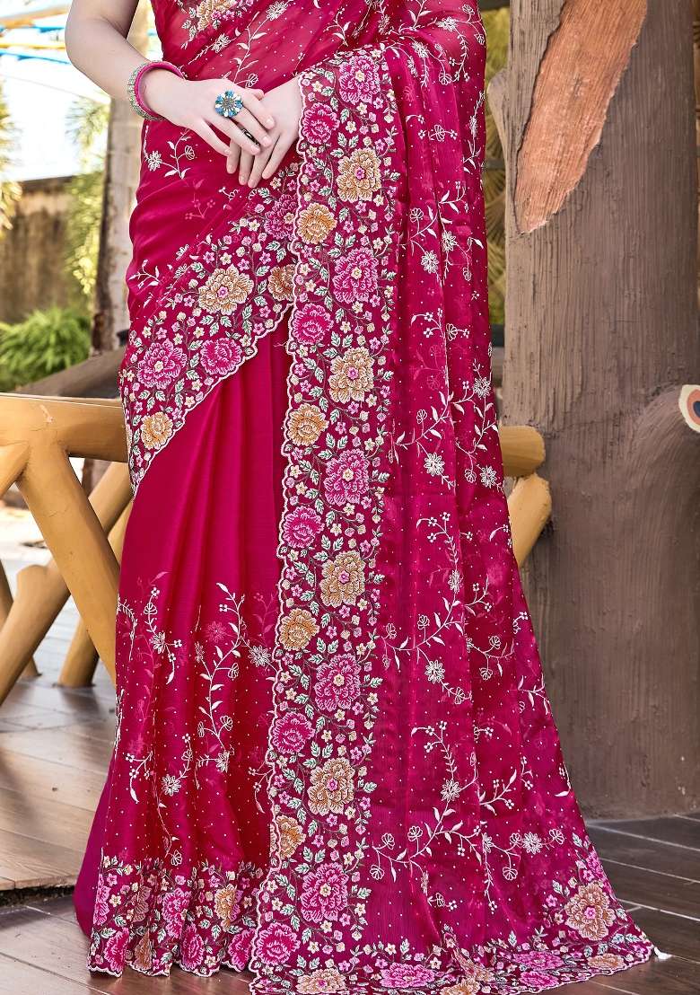 Magenta Sequin Work Silk Blend Saree Set for Diwali and Festive Wear - Indya