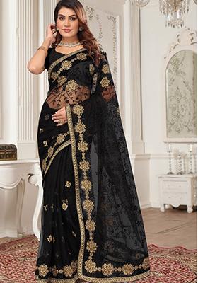 Black Sequin Work Net Saree Set