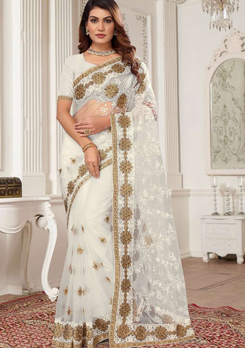 White Work Net Saree Set with Sequin for Diwali | Wedding & Festive Wear - Indya
