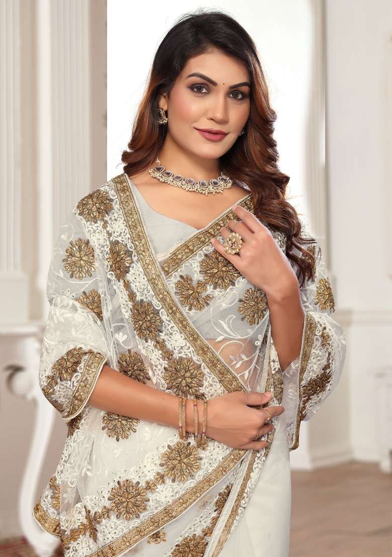 White Work Net Saree Set with Sequin for Diwali | Wedding & Festive Wear - Indya