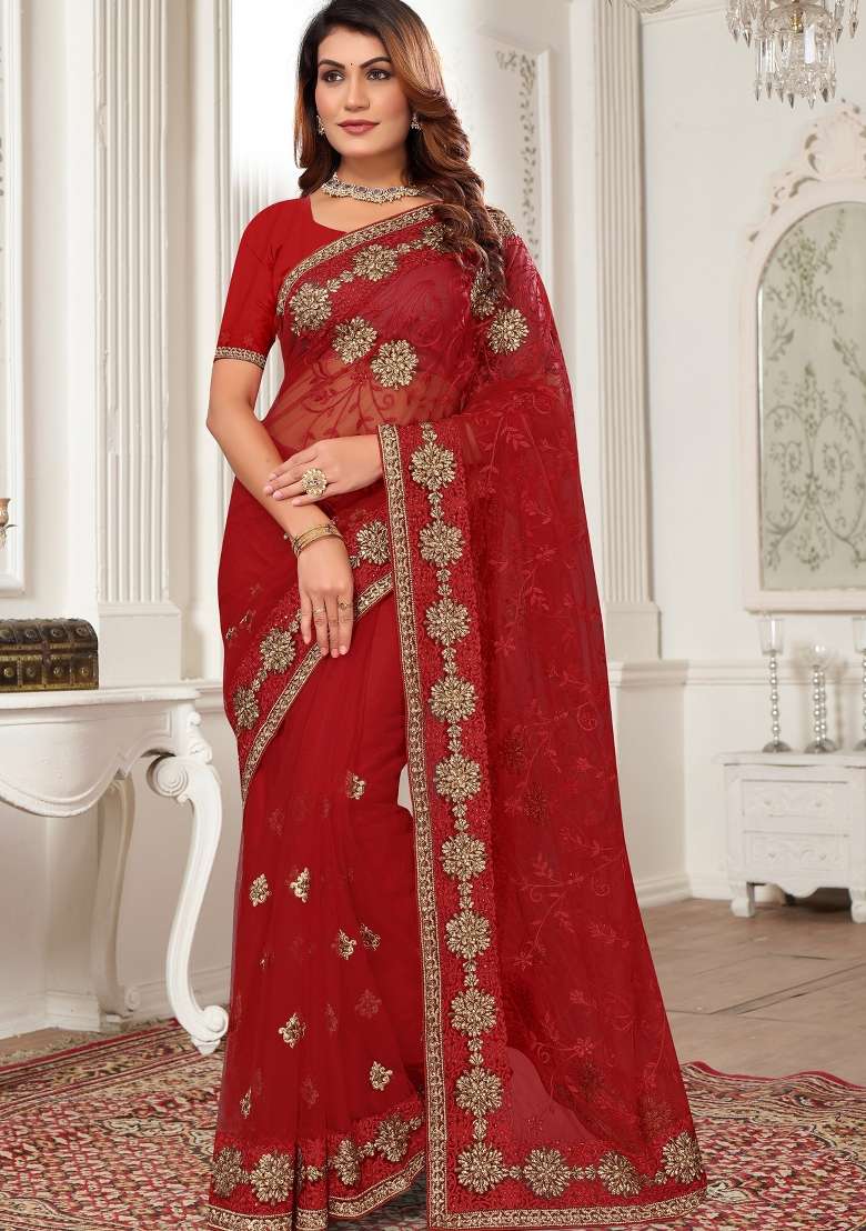 Red Work Net Saree Set with Sequin for Diwali | Wedding & Festive Wear - Indya