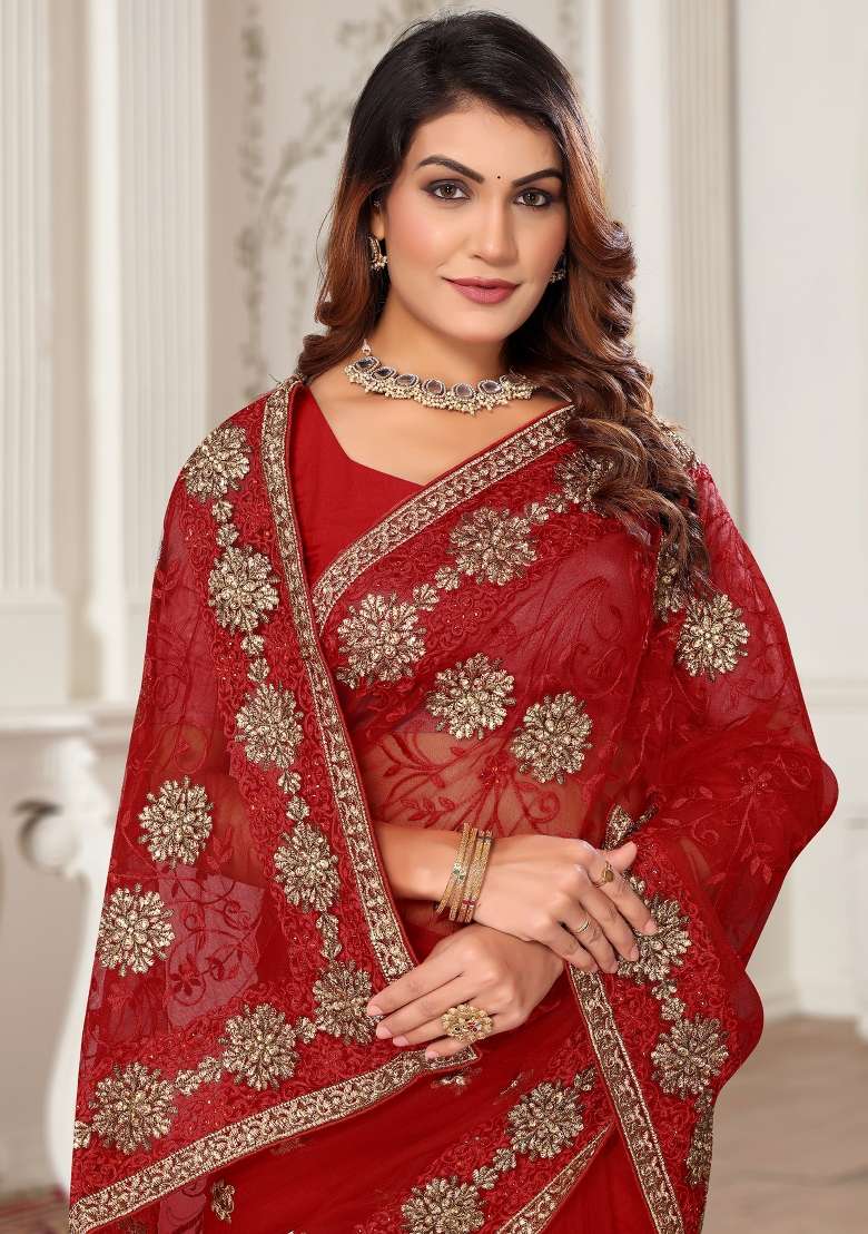 Red Work Net Saree Set with Sequin for Diwali | Wedding & Festive Wear - Indya