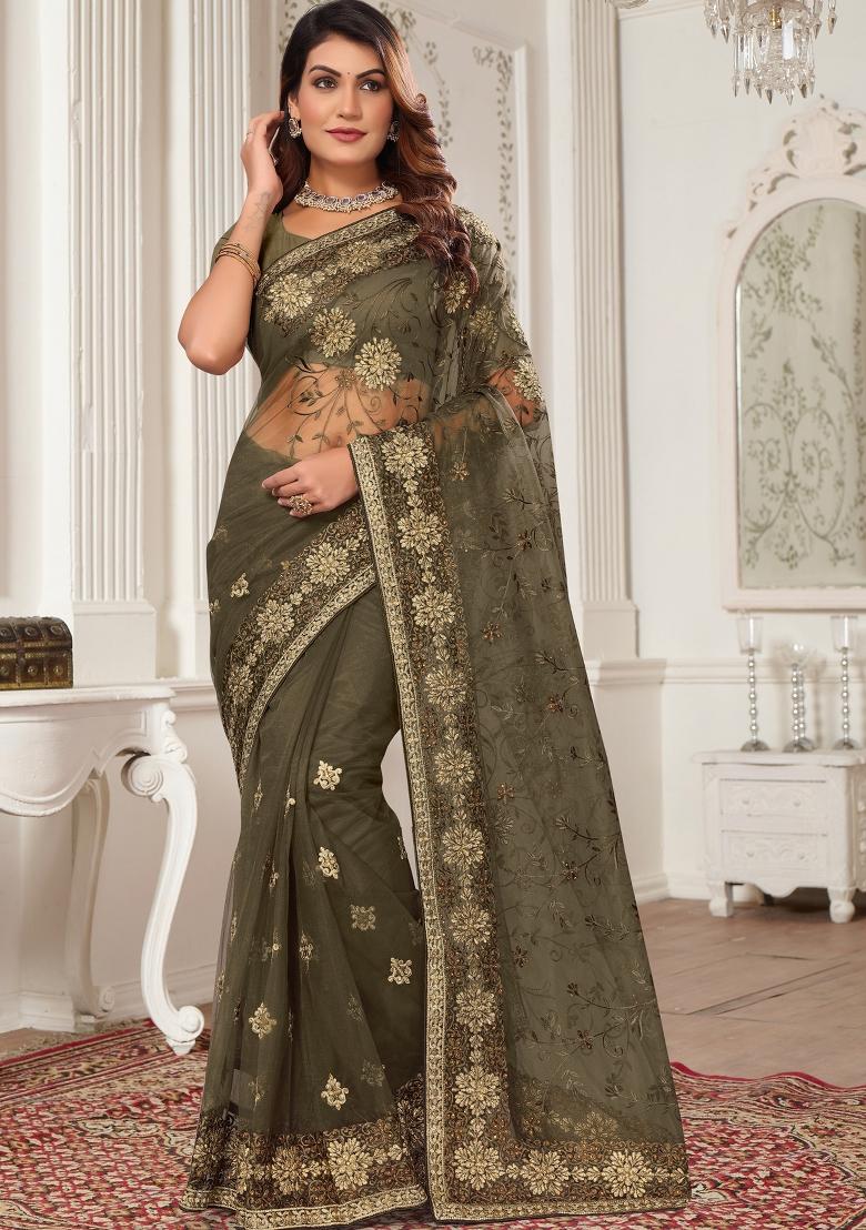 Mehandi Green Sequin Work Net Saree Set