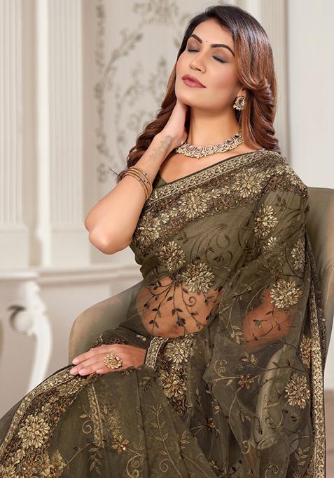 Mehandi Green Sequin Work Net Saree Set