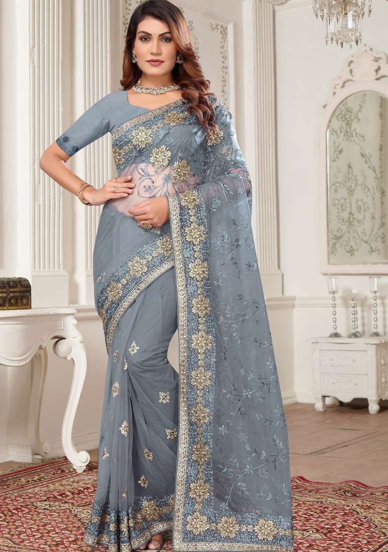 Grey Sequin Work Net Saree Set for Diwali and Festive Wear - Indya