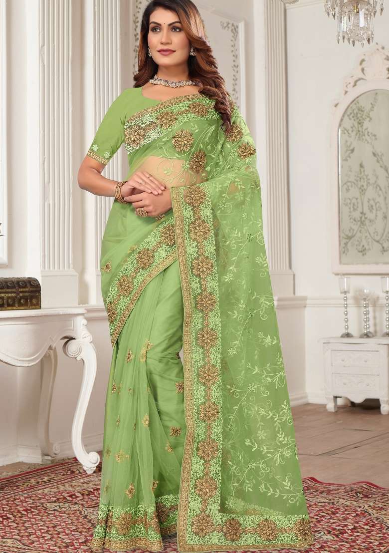 Green Work Net Saree Set with Sequin for Diwali | Wedding & Festive Wear - Indya