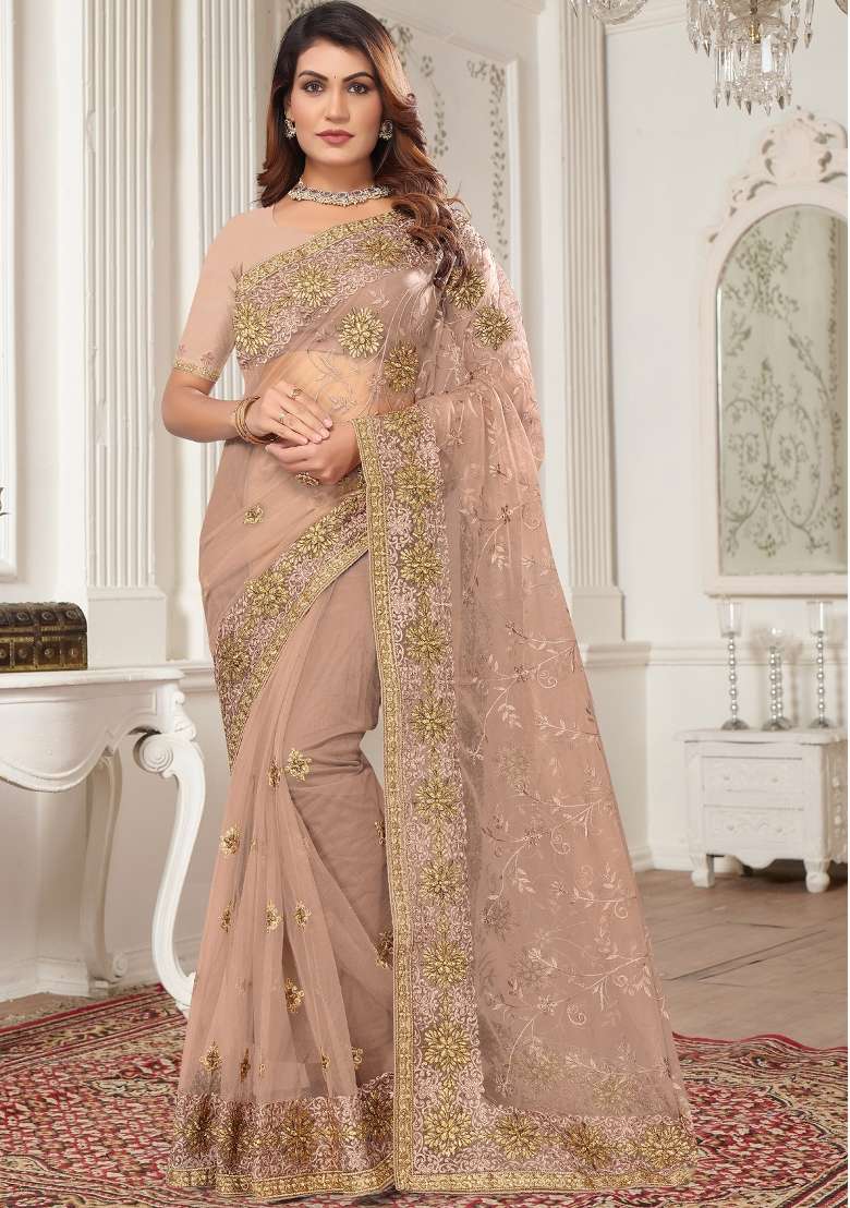 Beige Sequin Work Net Saree Set - Indya