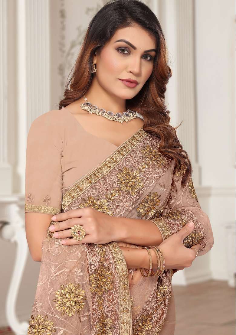 Beige Sequin Work Net Saree Set - Indya