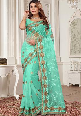 Sky Blue Sequin Work Net Saree Set