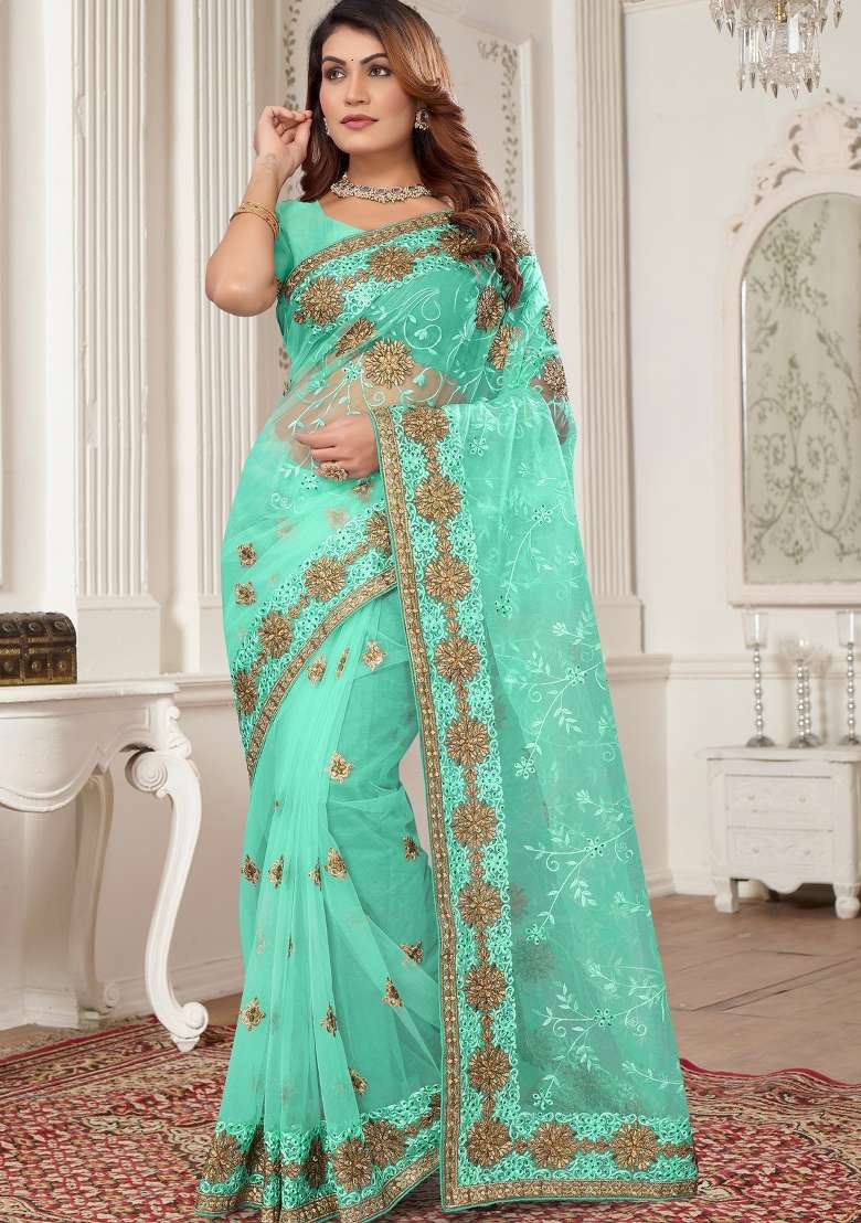 Sky Blue Sequin Work Net Saree Set - Indya