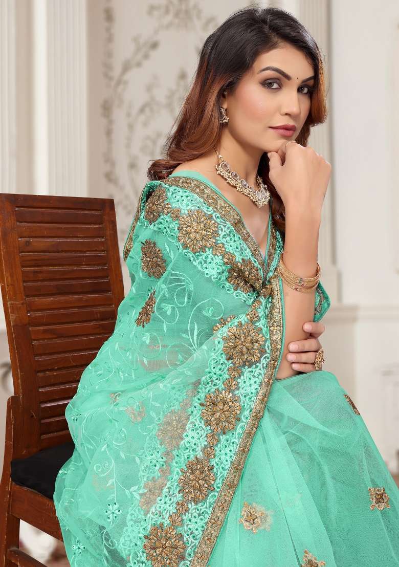 Sky Blue Sequin Work Net Saree Set - Indya