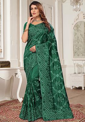 Bottle Green Embroidered Silk Saree Set